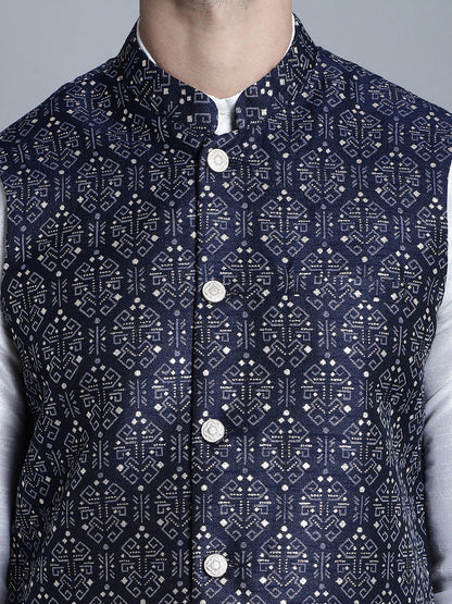Jompers Men's Printed Nehru Jacket - Navy Blue - Distacart