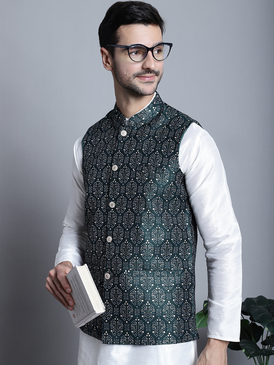 Jompers Men's Printed Nehru Jacket - Olive - Distacart