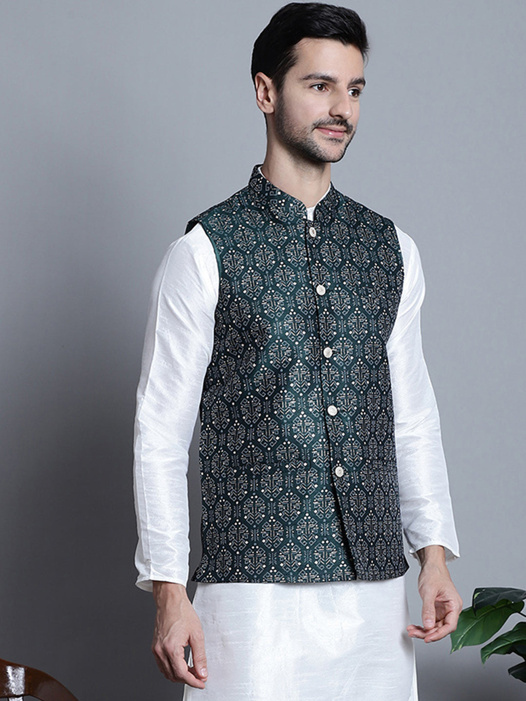 Jompers Men's Printed Nehru Jacket - Olive - Distacart