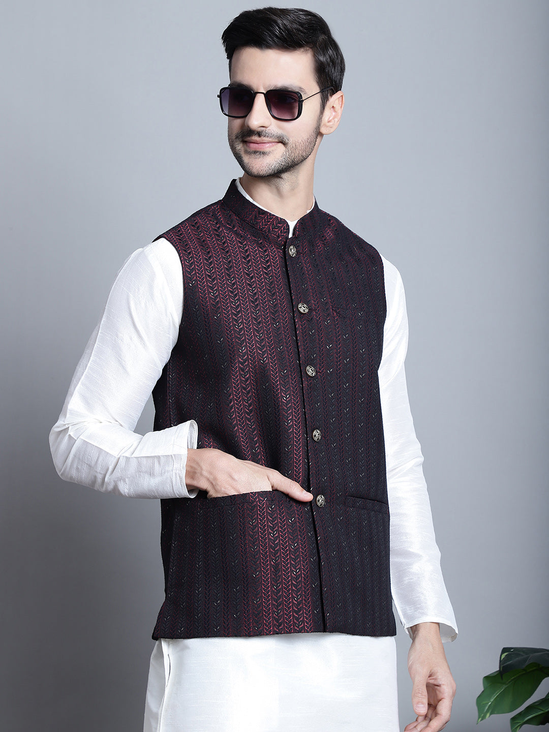 Jompers Men's Woven Design Nehru Jacket - Maroon - Distacart