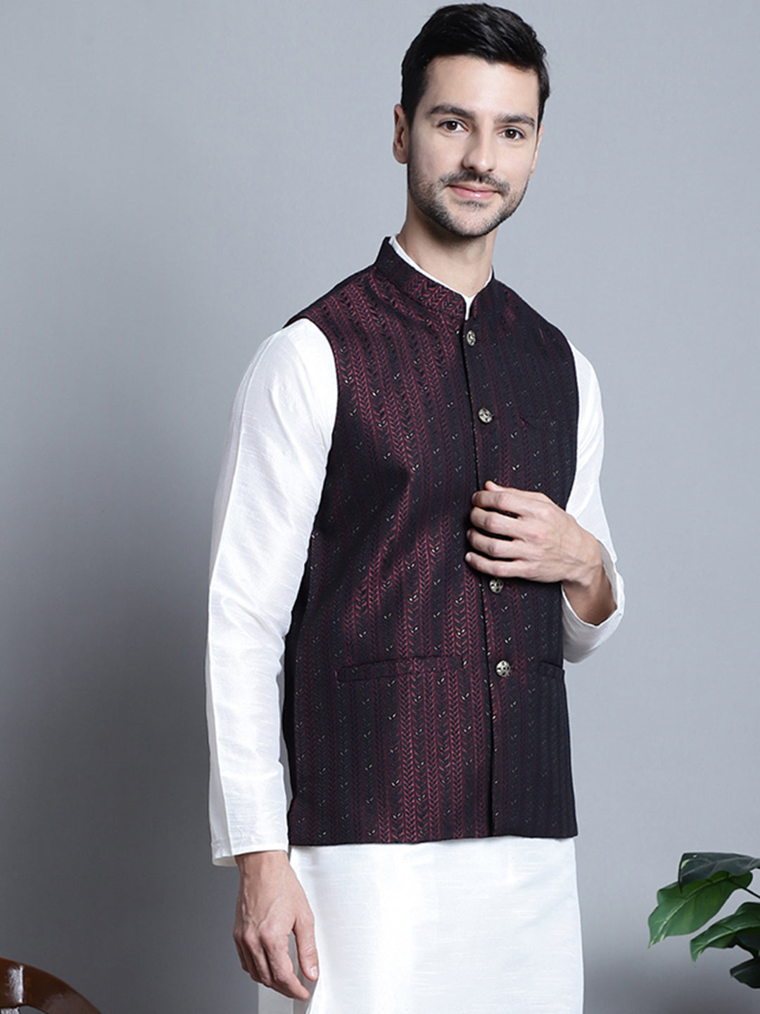 Jompers Men's Woven Design Nehru Jacket - Maroon - Distacart