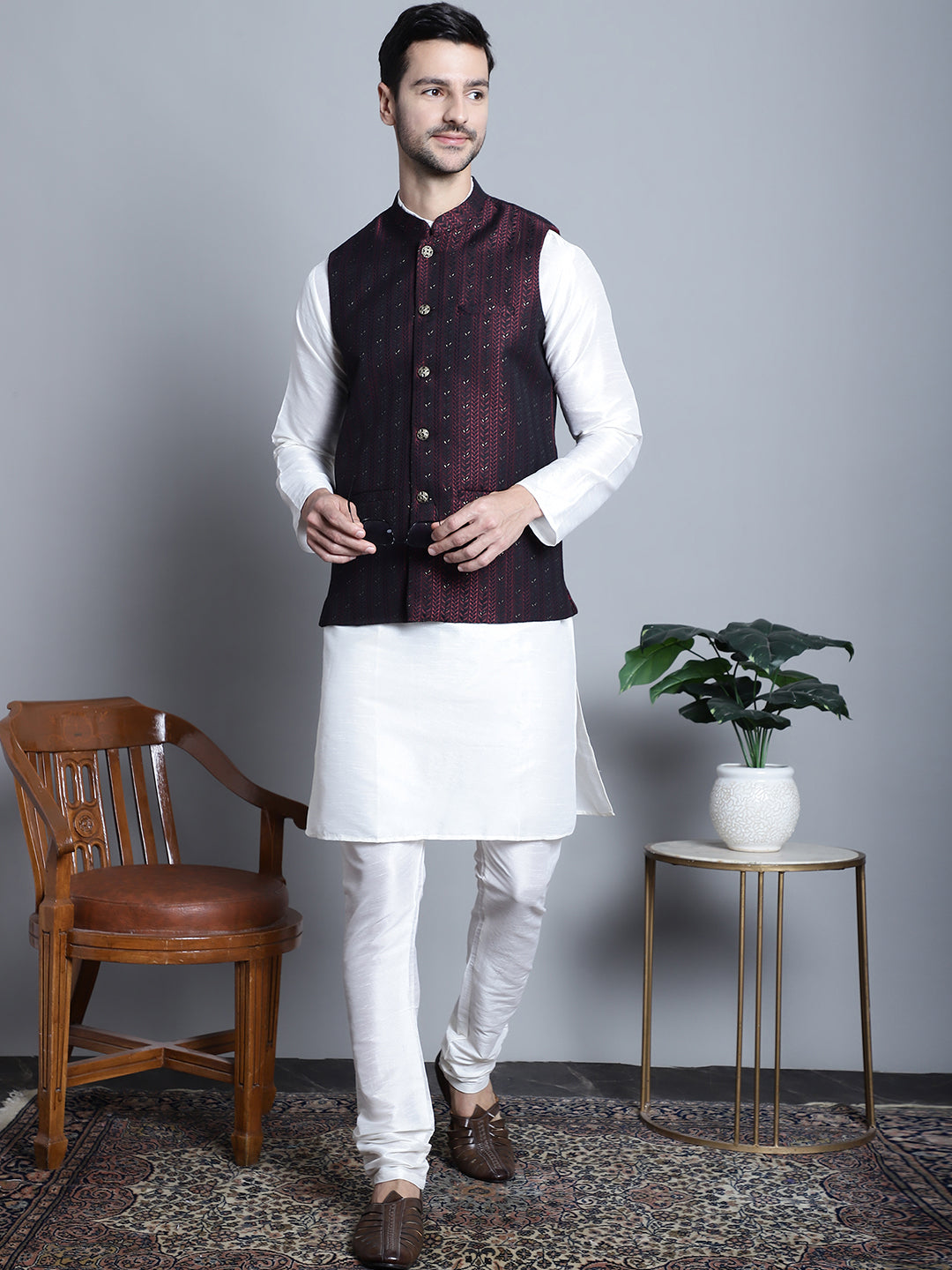 Jompers Men's Woven Design Nehru Jacket - Maroon - Distacart