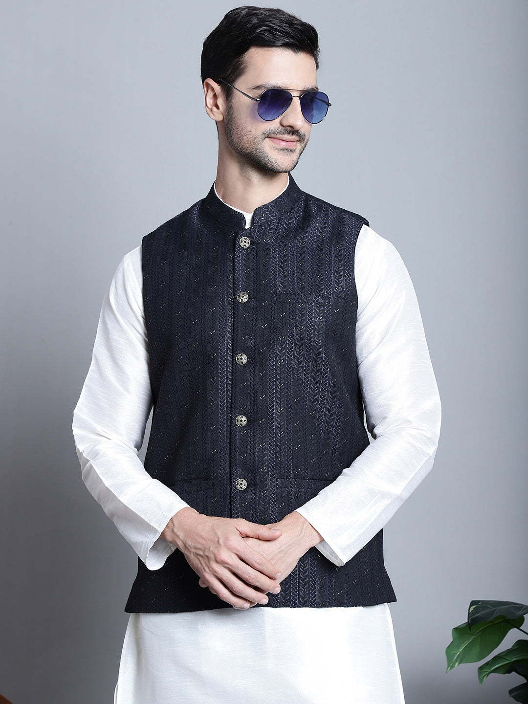 Jompers Men's Woven Design Nehru Jacket - Navy Blue - Distacart