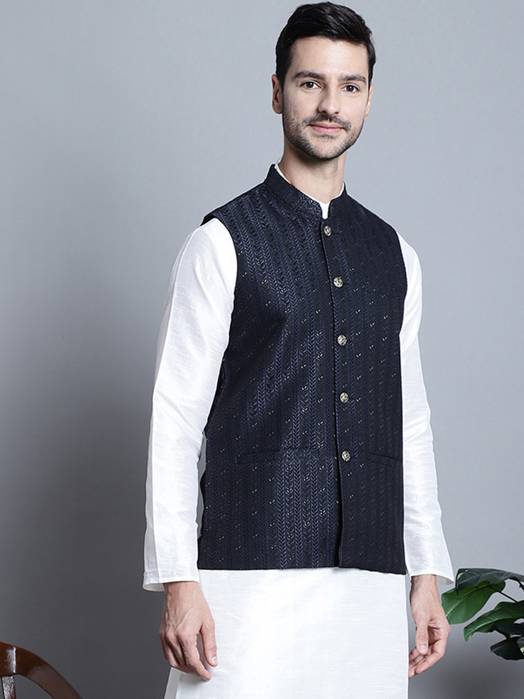 Jompers Men's Woven Design Nehru Jacket - Navy Blue - Distacart