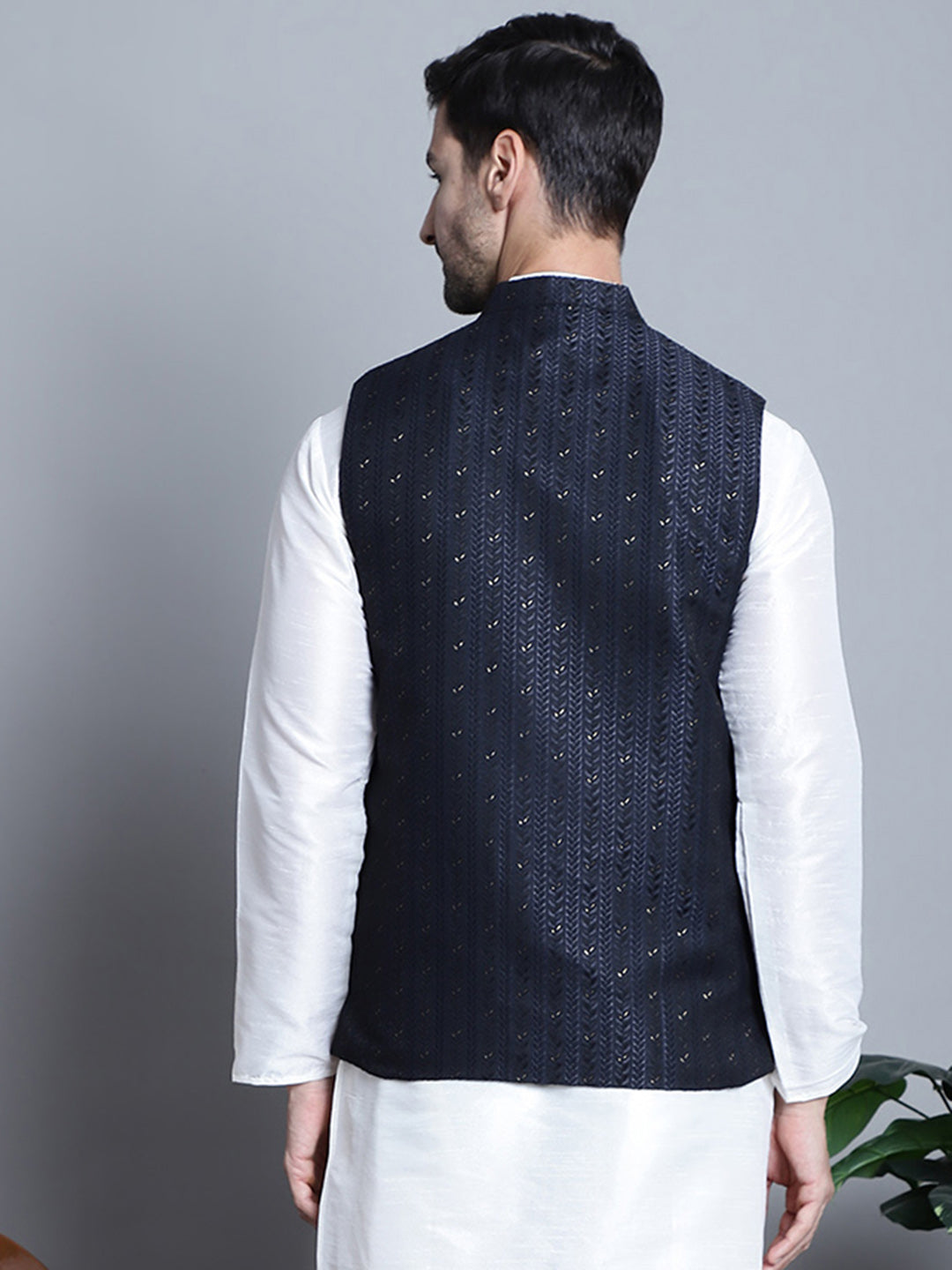 Jompers Men's Woven Design Nehru Jacket - Navy Blue - Distacart