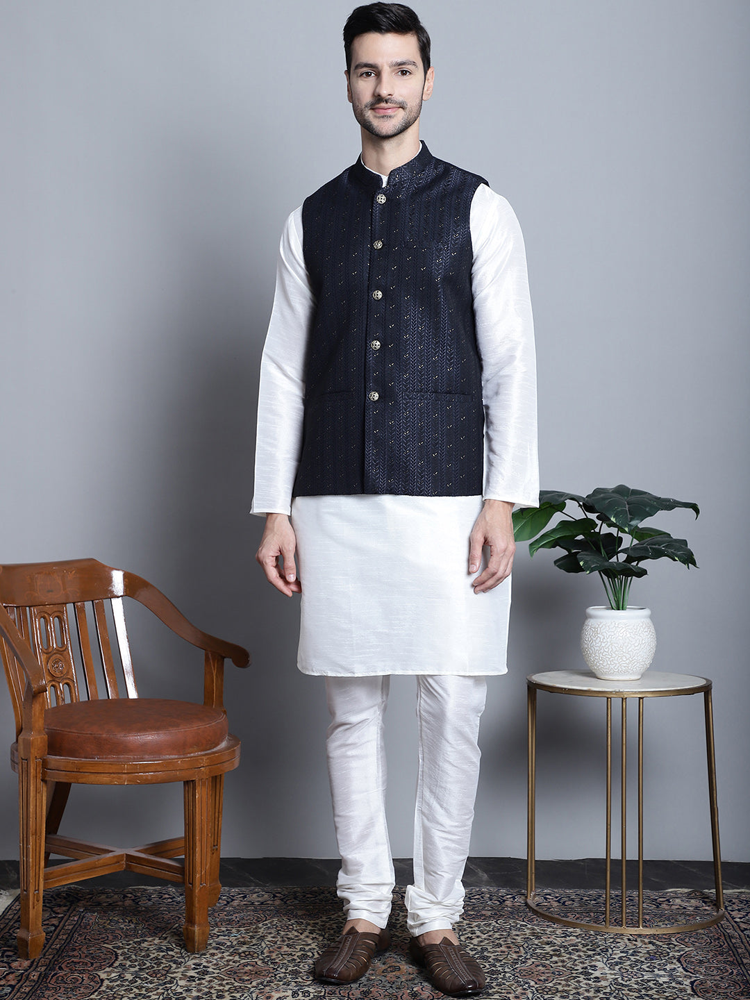 Jompers Men's Woven Design Nehru Jacket - Navy Blue - Distacart