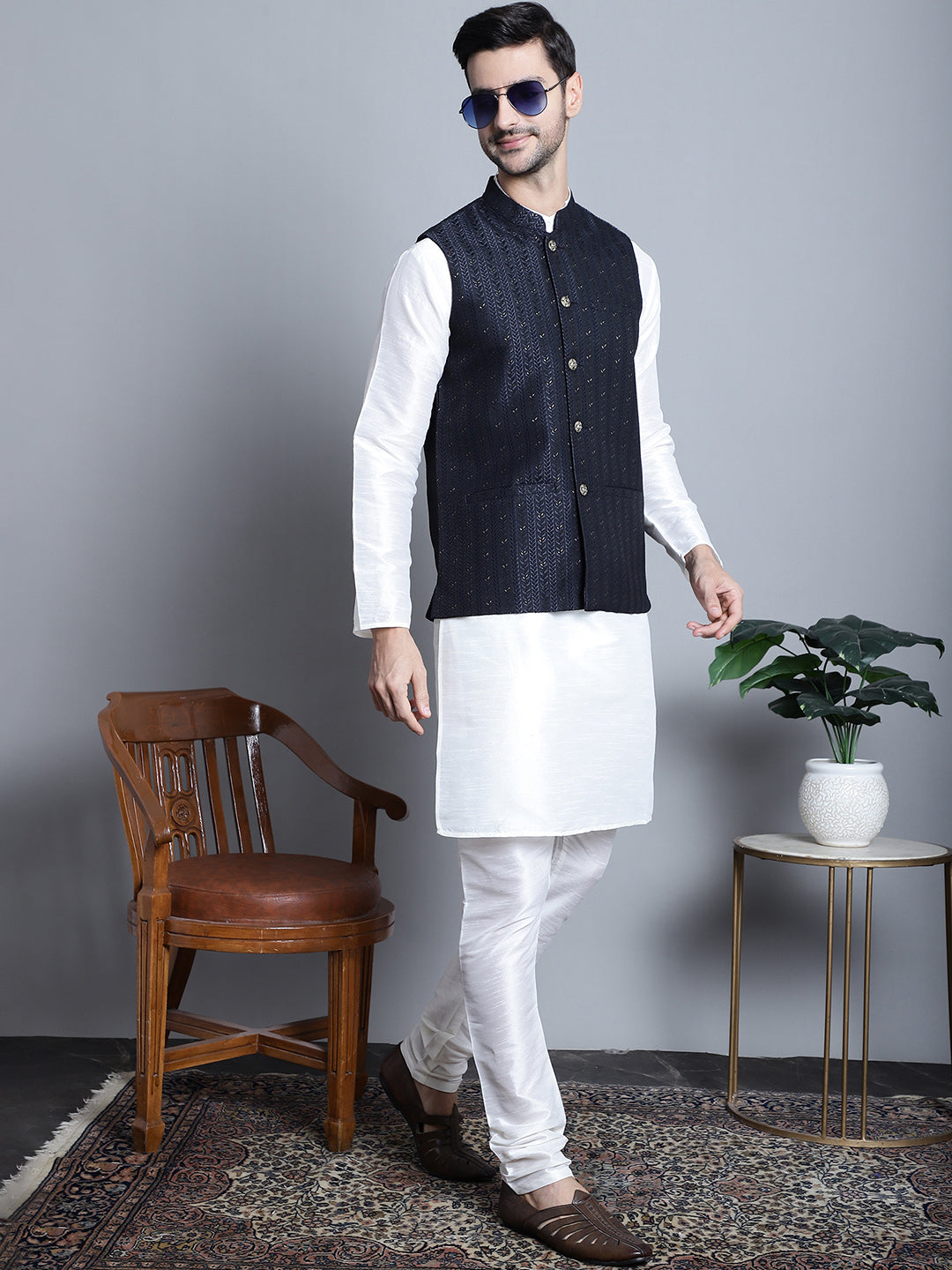 Jompers Men's Woven Design Nehru Jacket - Navy Blue - Distacart