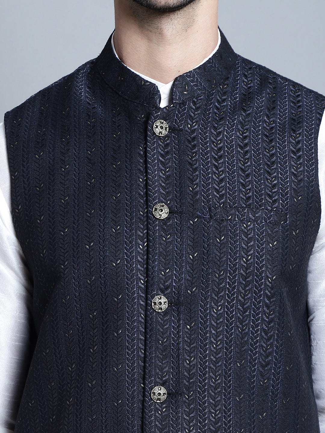Jompers Men's Woven Design Nehru Jacket - Navy Blue - Distacart