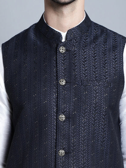 Jompers Men's Woven Design Nehru Jacket - Navy Blue - Distacart