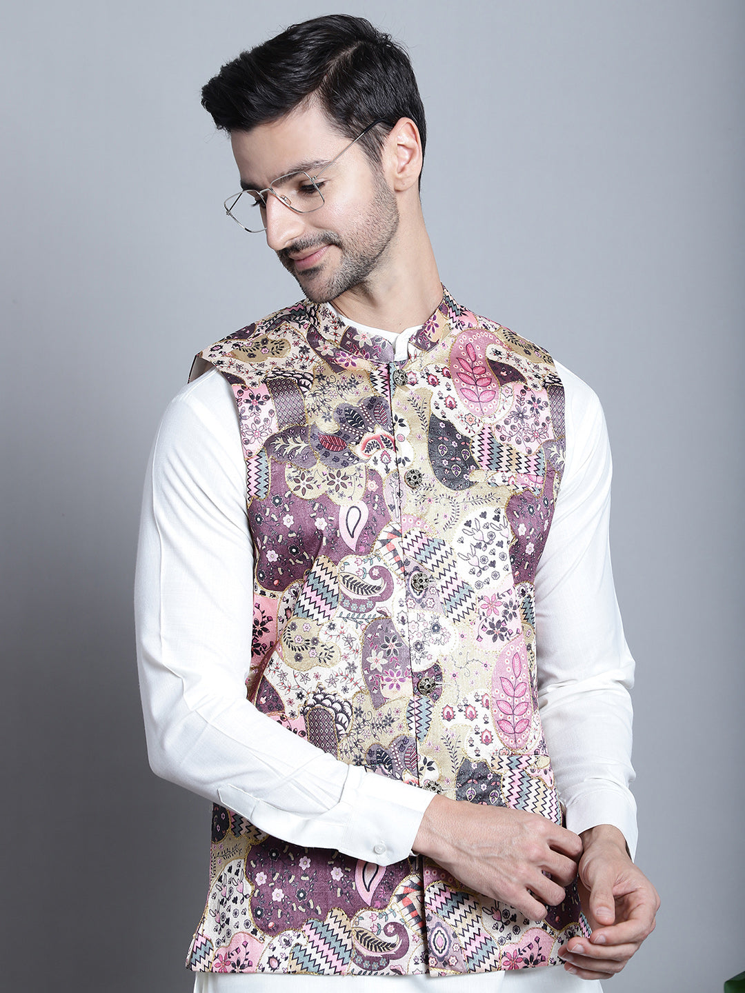Jompers Men's Printed With Zari Work Nehru Jacket - Purple - Distacart
