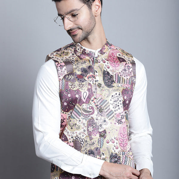 Jompers Men's Printed With Zari Work Nehru Jacket - Purple - Distacart
