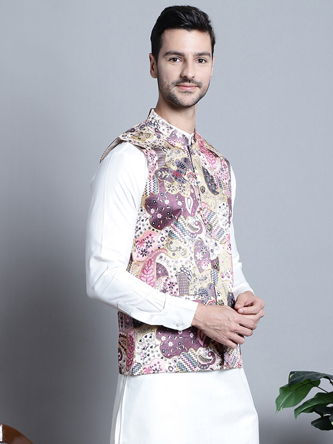 Jompers Men's Printed With Zari Work Nehru Jacket - Purple - Distacart