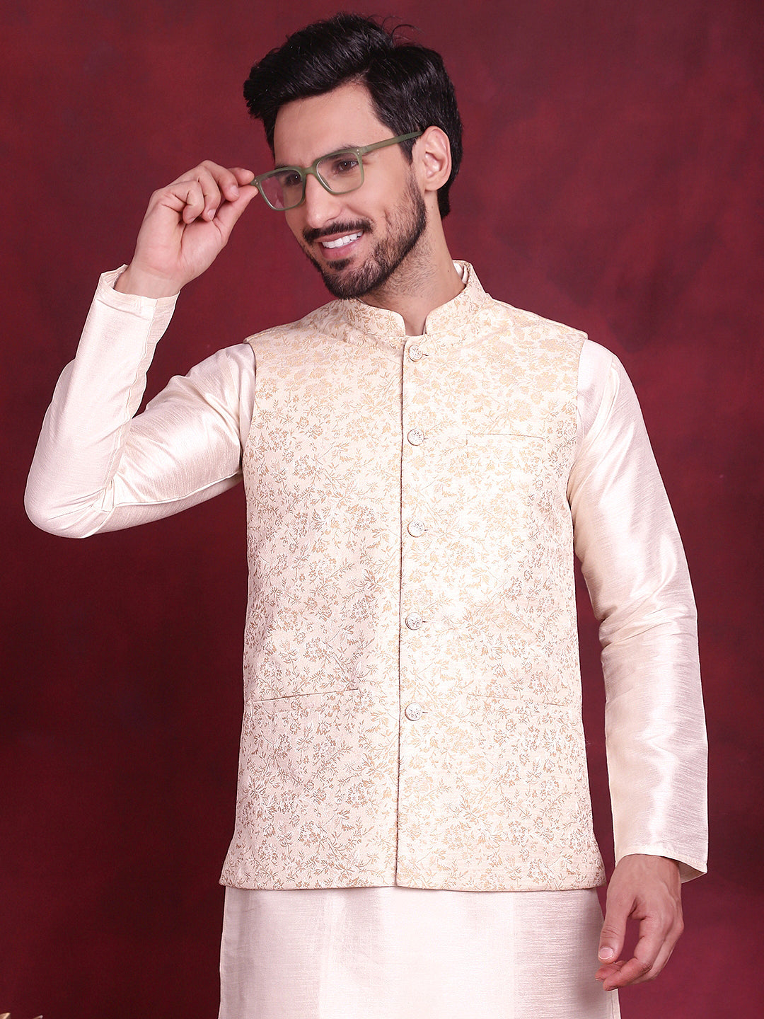Jompers Men's Woven Design Nehru Jacket - Cream - Distacart