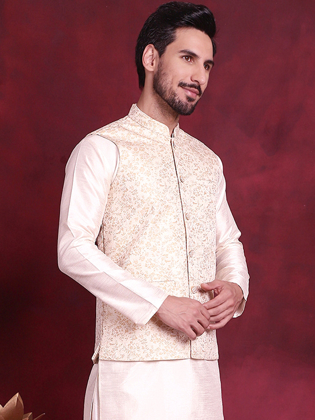 Jompers Men's Woven Design Nehru Jacket - Cream - Distacart