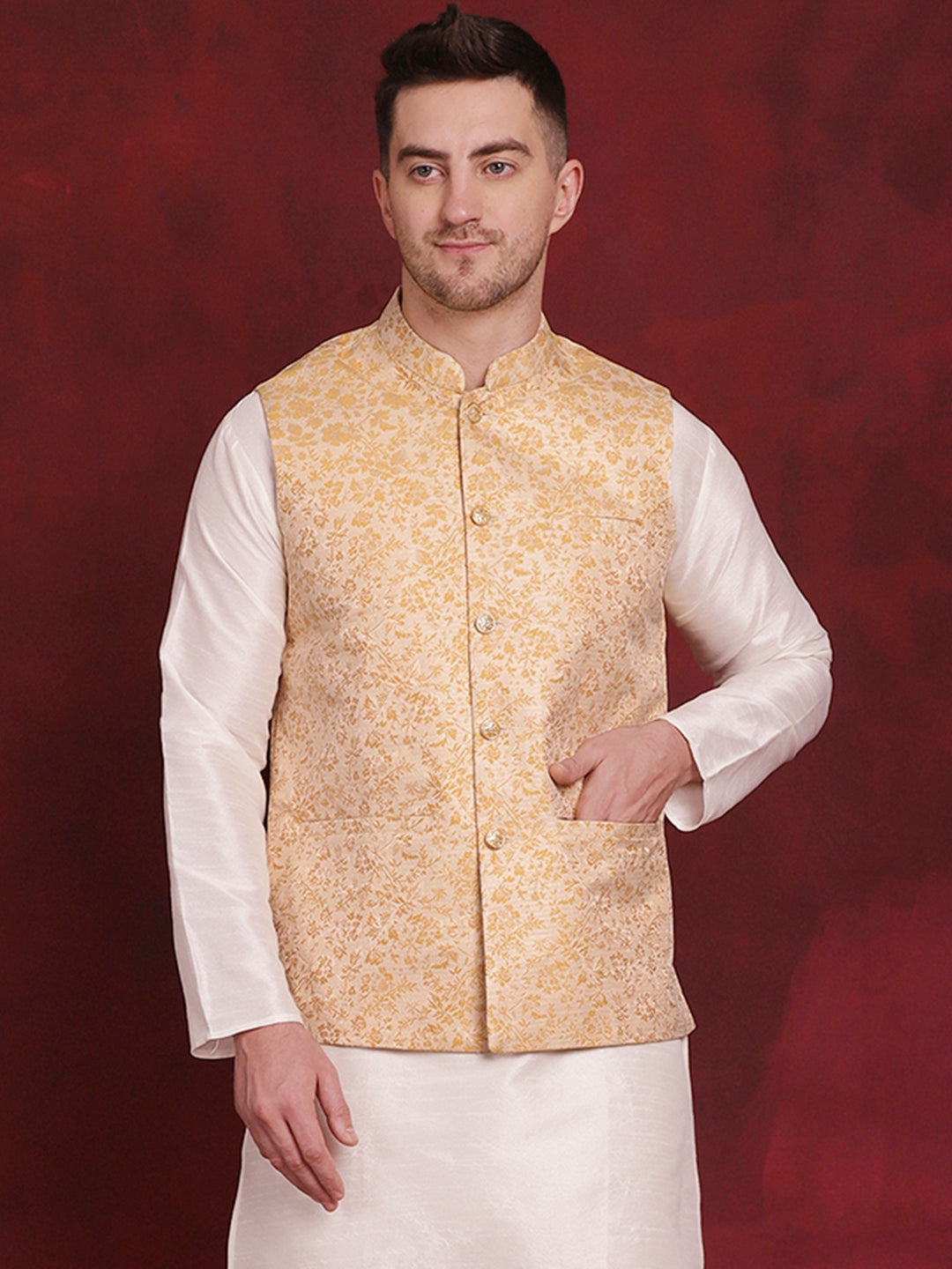 Jompers Men's Golden Woven Design Nehru Jacket - Golden - Distacart