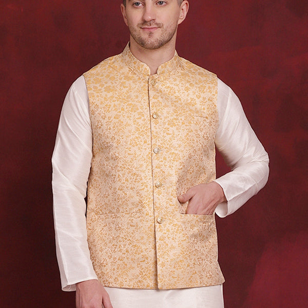 Jompers Men's Golden Woven Design Nehru Jacket - Golden - Distacart