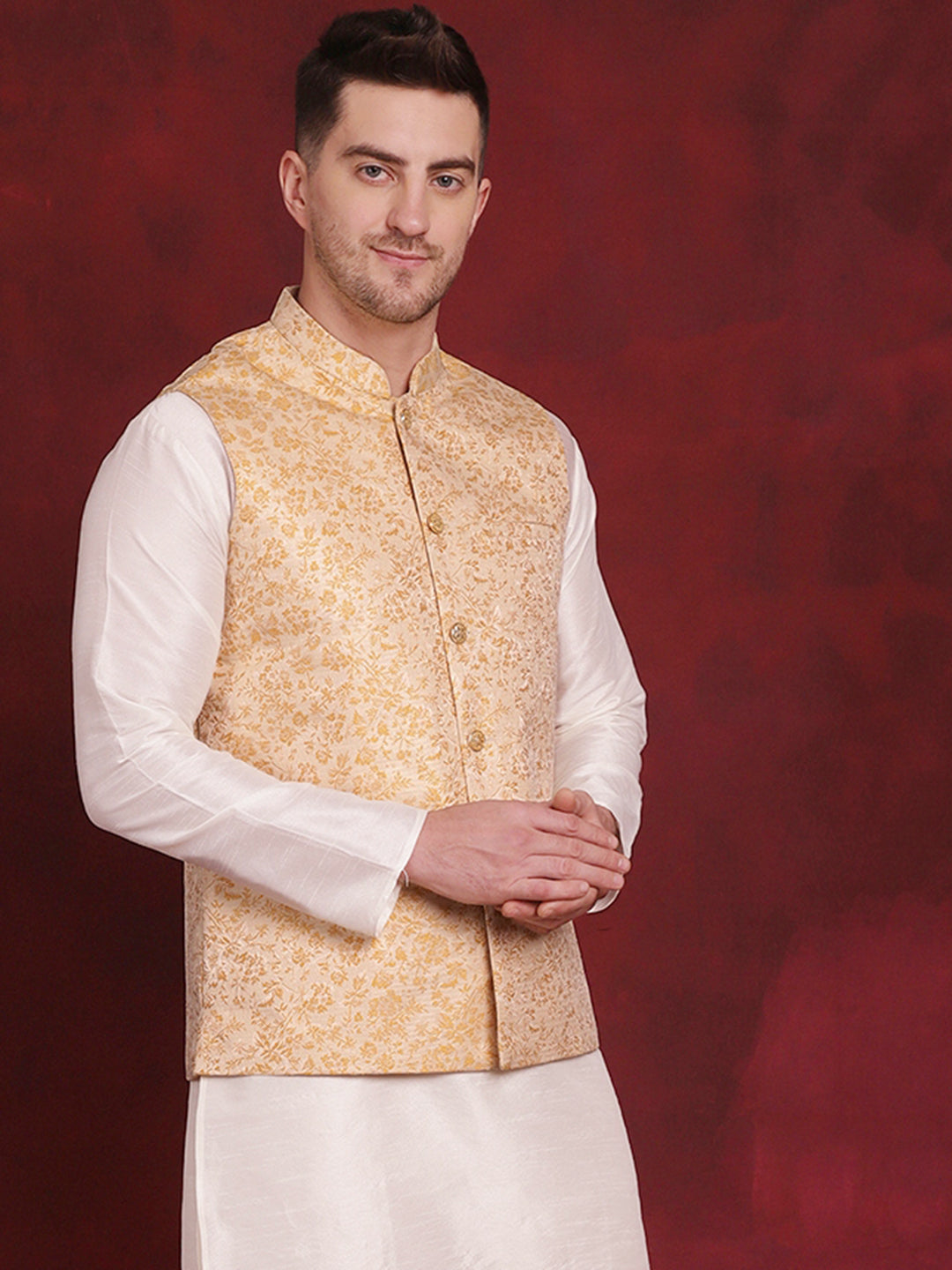 Jompers Men's Golden Woven Design Nehru Jacket - Golden - Distacart