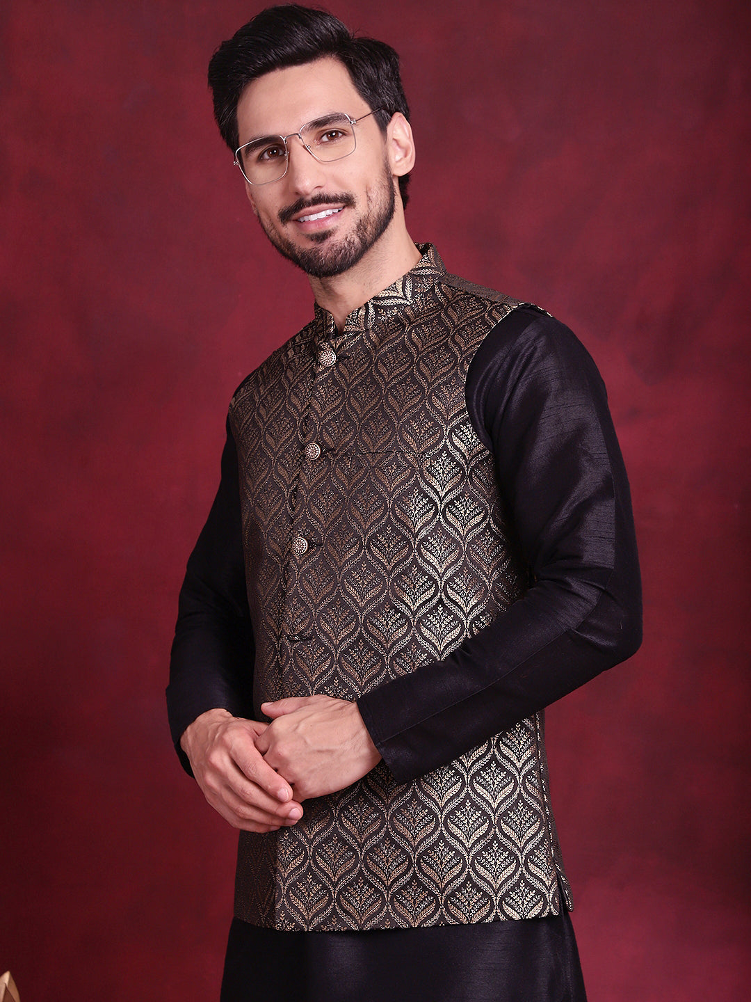Jompers Men's Woven Design Nehru Jacket - Golden - Distacart