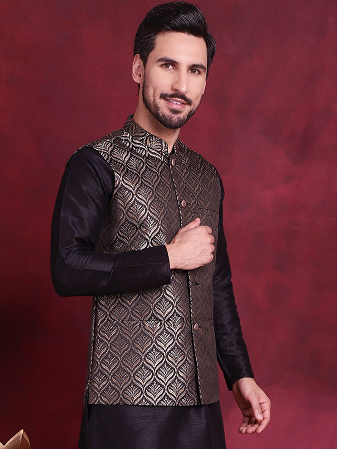 Jompers Men's Woven Design Nehru Jacket - Golden - Distacart