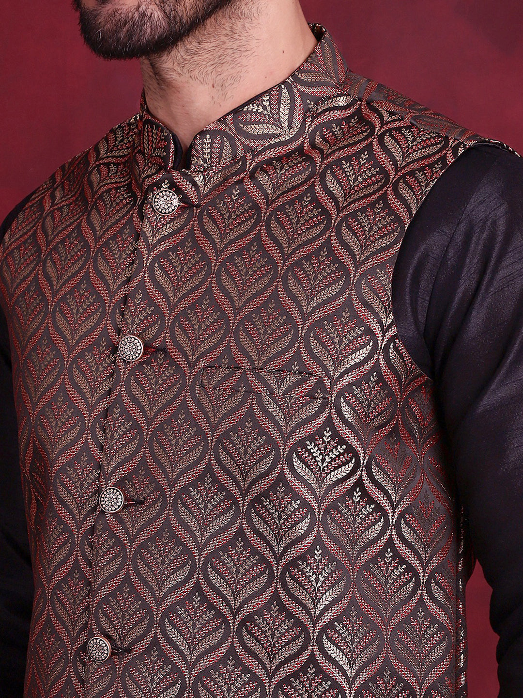 Jompers Men's Woven Design Nehru Jacket - Maroon - Distacart