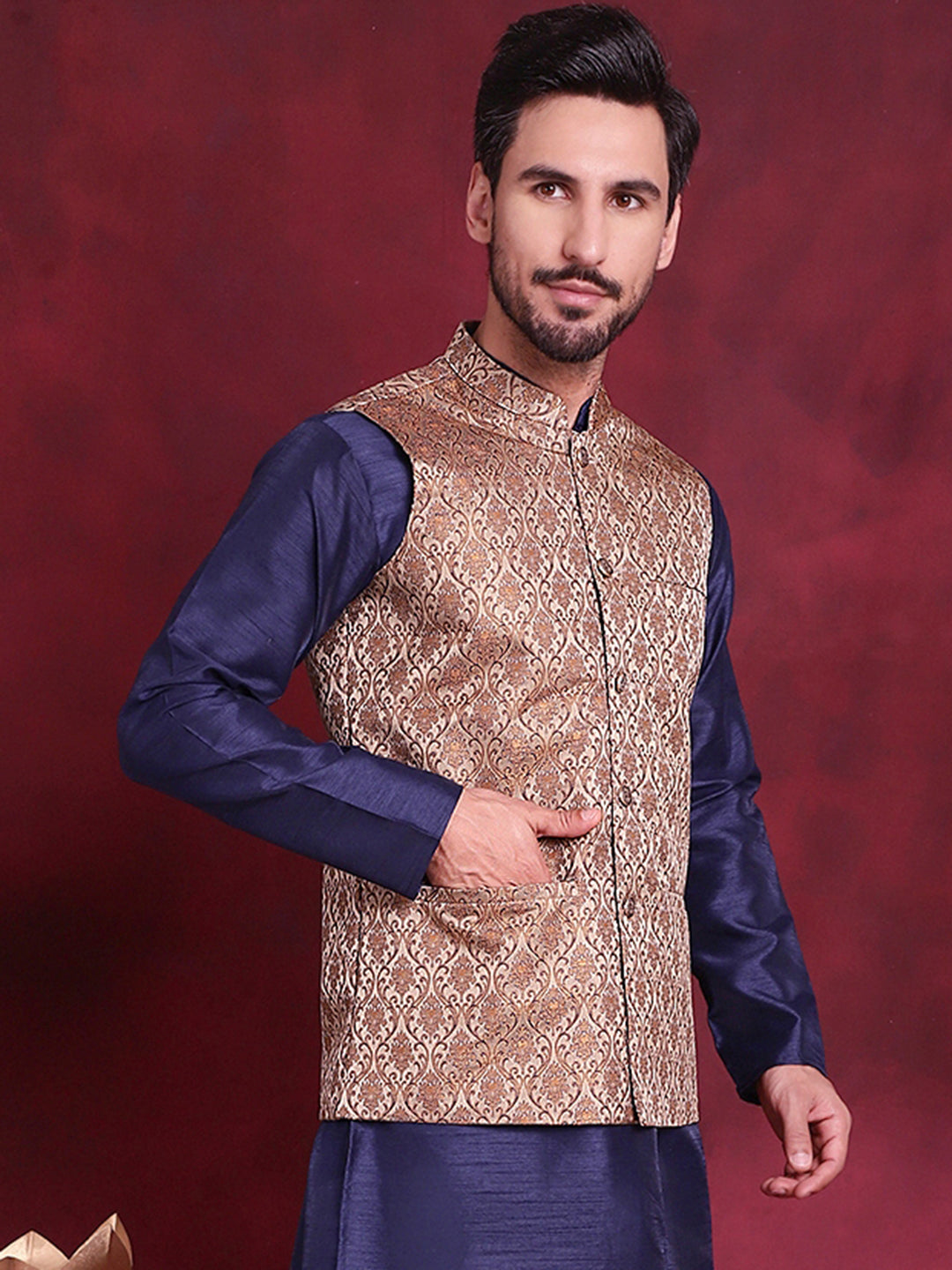 Jompers Men's Woven Design Nehru Jacket - Brown - Distacart