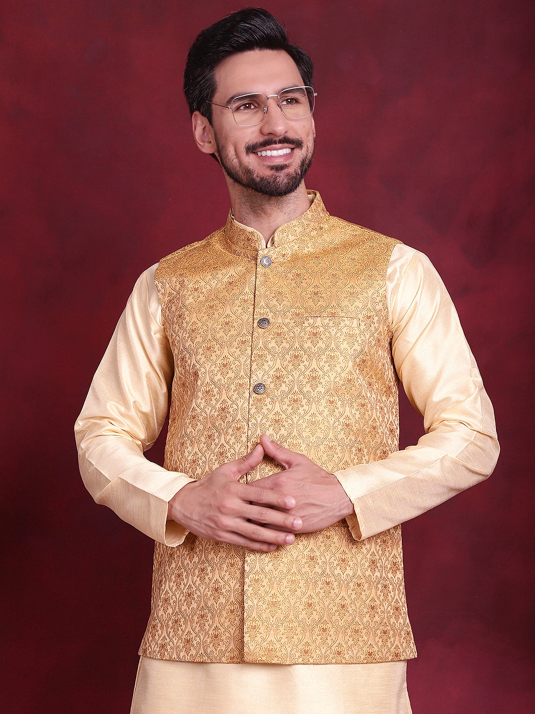 Jompers Men's Woven Design Nehru Jacket - Mustard - Distacart