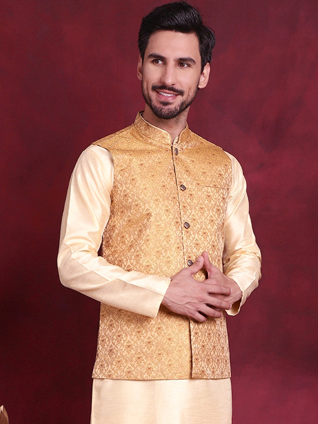 Jompers Men's Woven Design Nehru Jacket - Mustard - Distacart