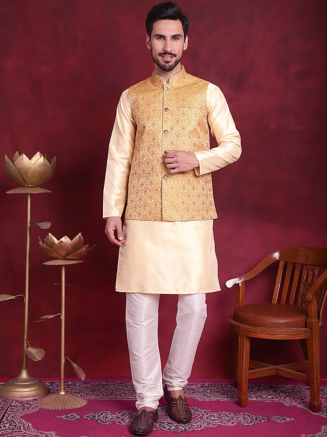 Jompers Men's Woven Design Nehru Jacket - Mustard - Distacart