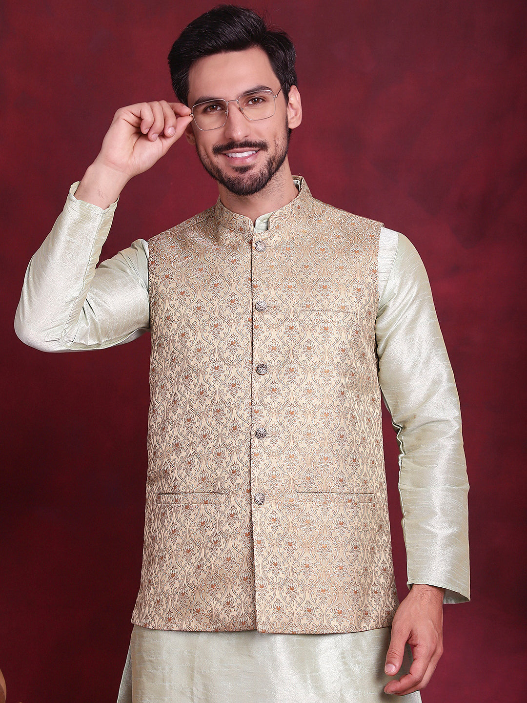 Jompers Men's Woven Design Nehru Jacket - Golden - Distacart