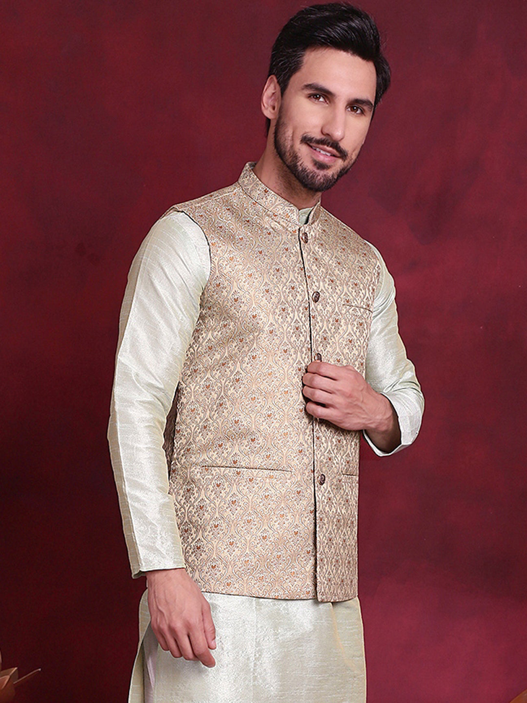 Jompers Men's Woven Design Nehru Jacket - Golden - Distacart