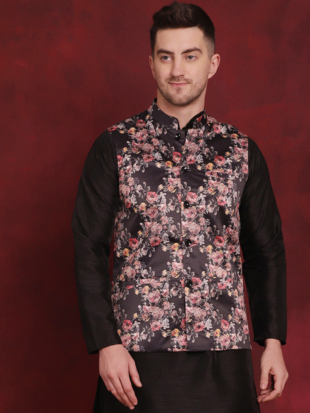 Jompers Men's Floral Printed Nehru Jacket - Black - Distacart