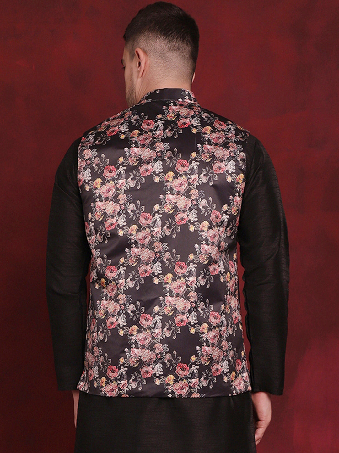 Jompers Men's Floral Printed Nehru Jacket - Black - Distacart