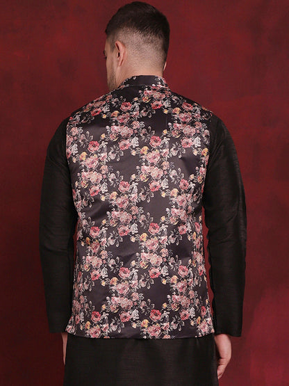 Jompers Men's Floral Printed Nehru Jacket - Black - Distacart
