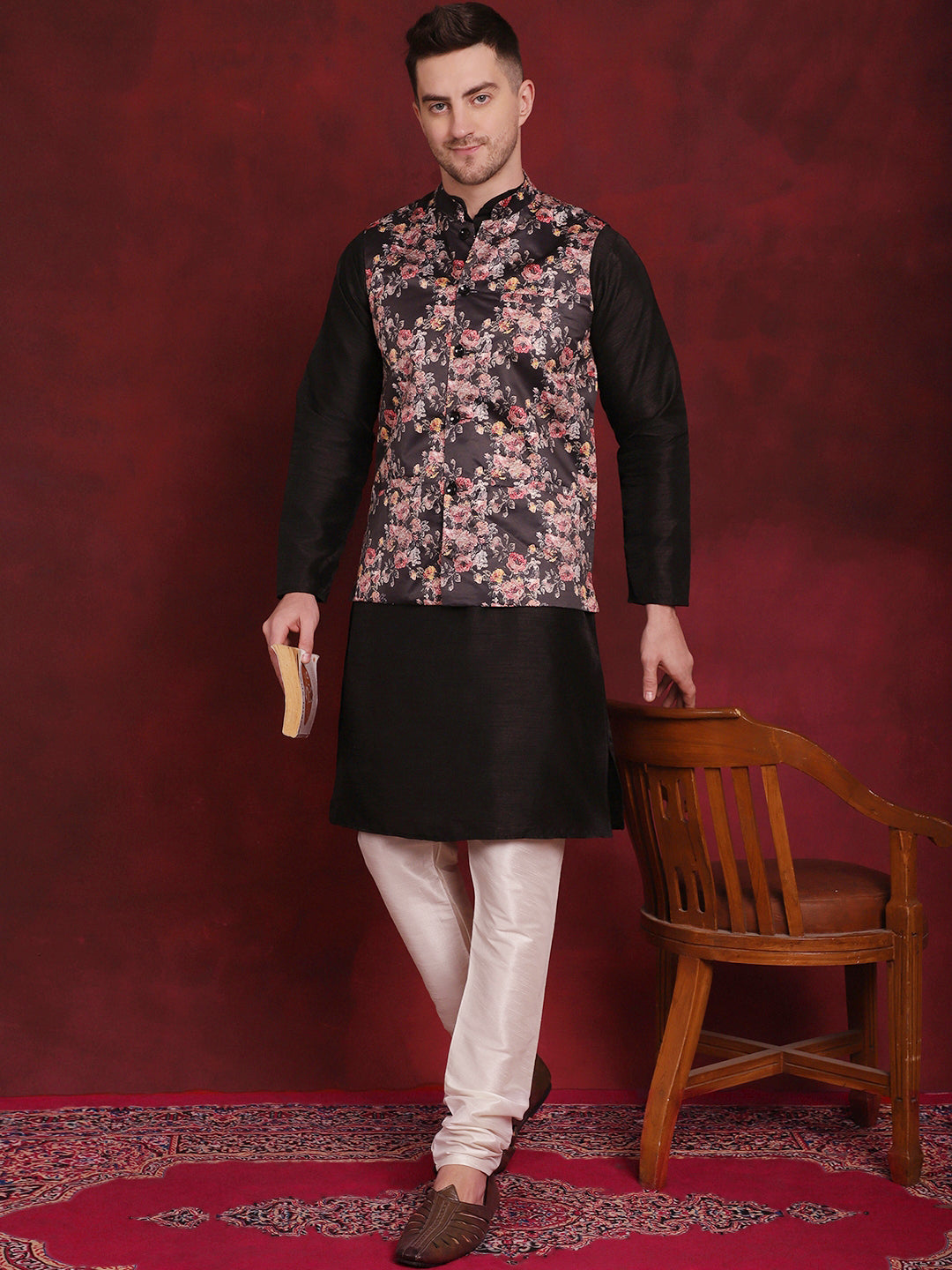 Jompers Men's Floral Printed Nehru Jacket - Black - Distacart