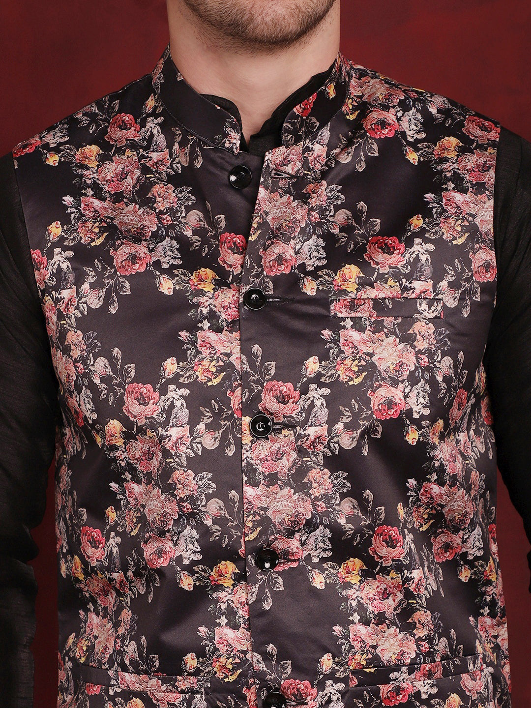 Jompers Men's Floral Printed Nehru Jacket - Black - Distacart
