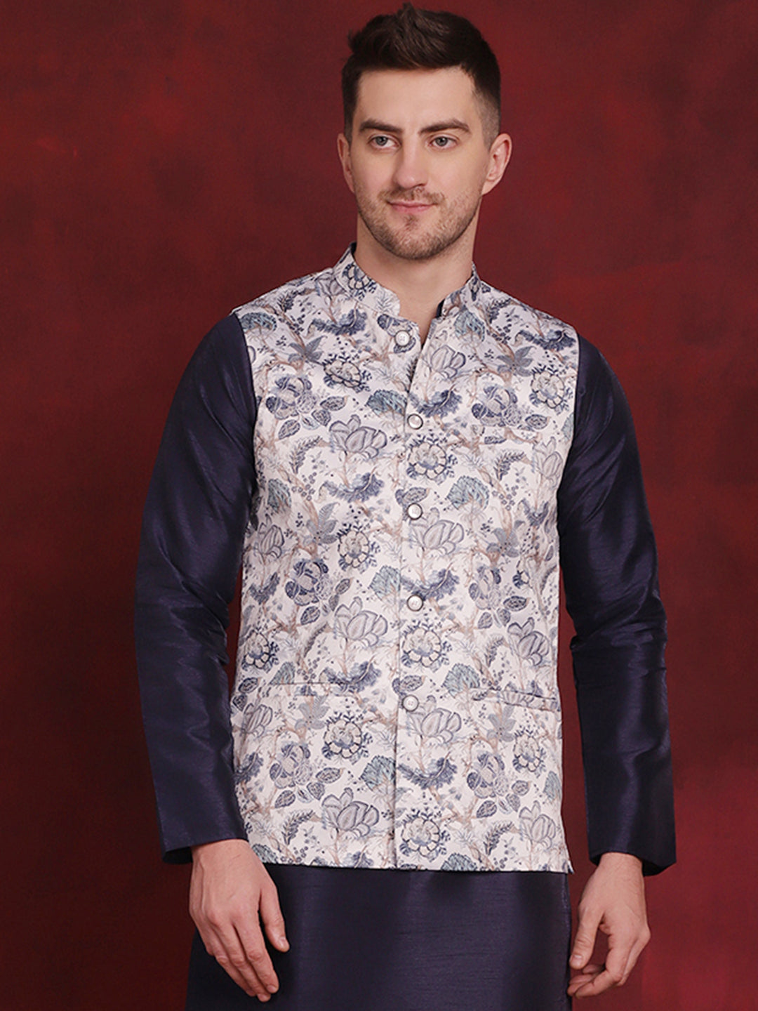Jompers Men's Floral Printed Nehru Jacket - White - Distacart