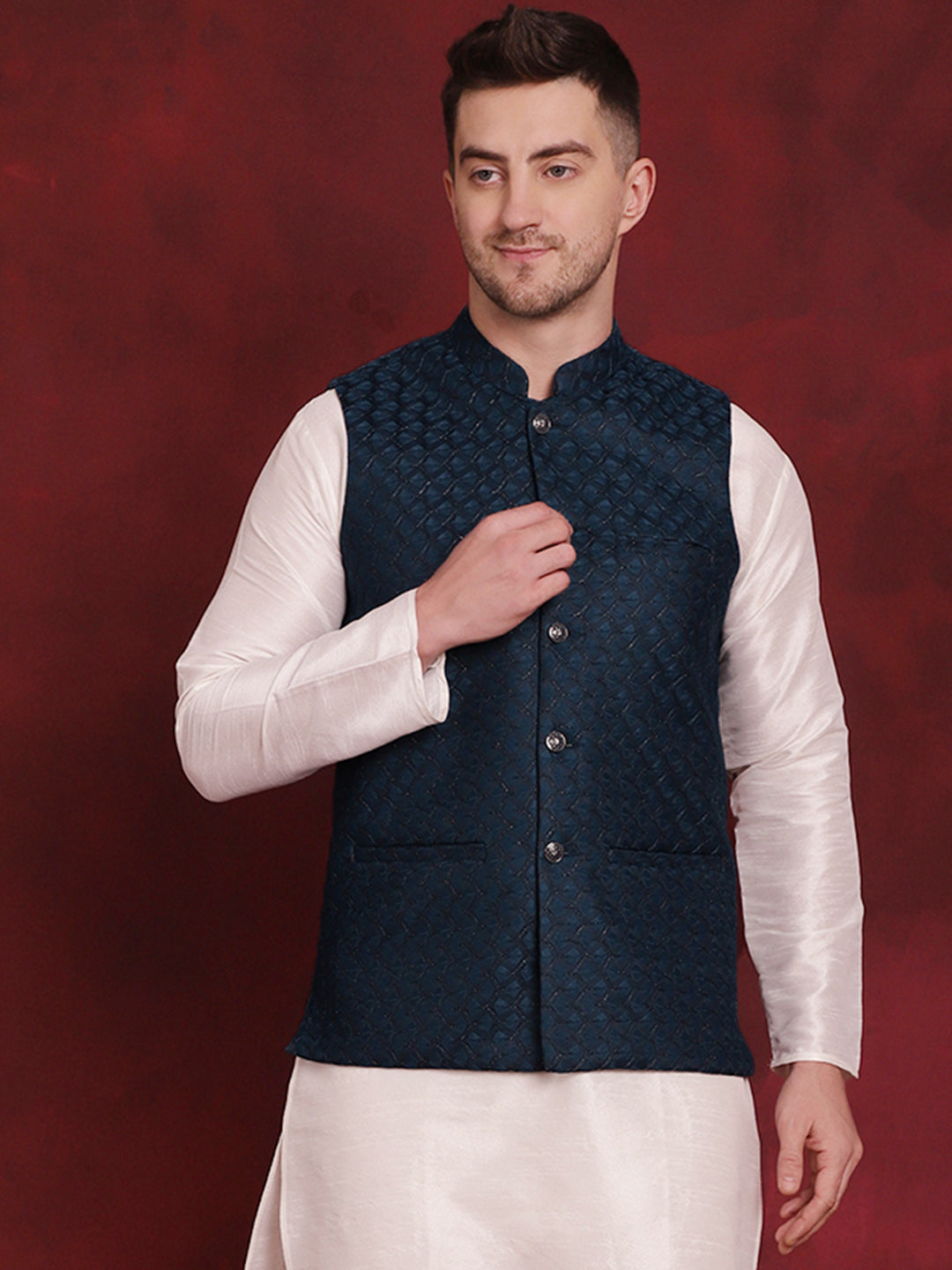 Jompers Men's Blue Woven Design Nehru Jacket - Distacart