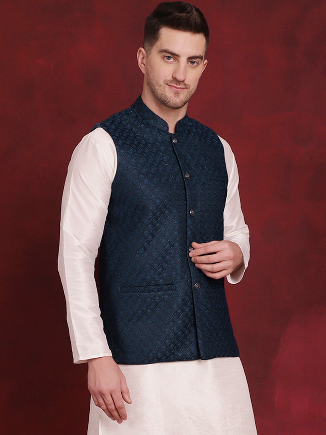 Jompers Men's Blue Woven Design Nehru Jacket - Distacart