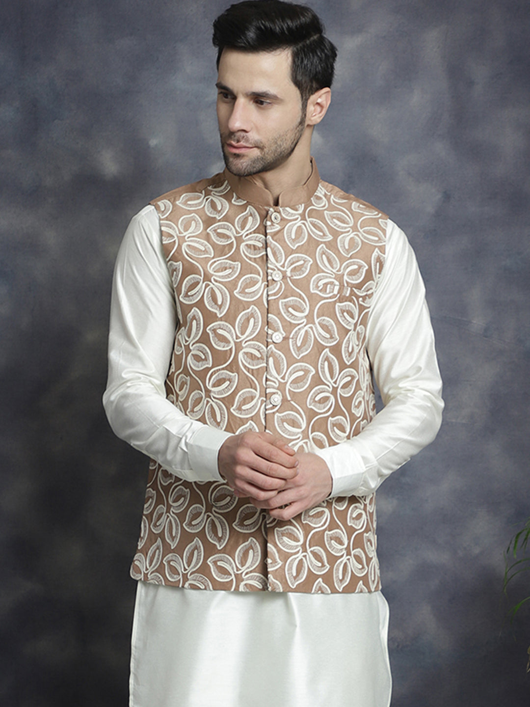Jompers Men's embroidered Nehru Jacket - Brown - Distacart