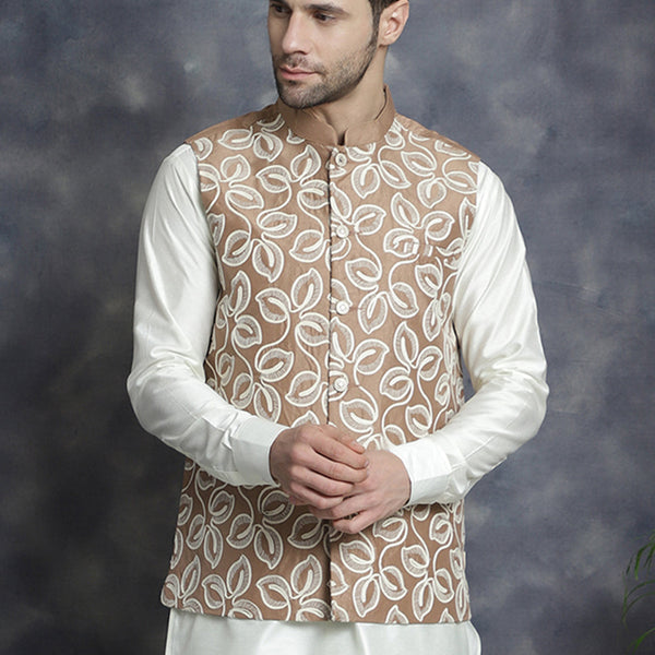 Jompers Men's embroidered Nehru Jacket - Brown - Distacart