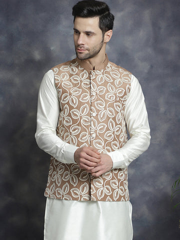 Jompers Men's embroidered Nehru Jacket - Brown - Distacart