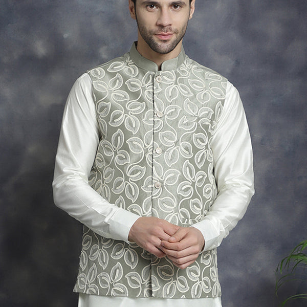 Jompers Men's embroidered Nehru Jacket - Pista - Distacart