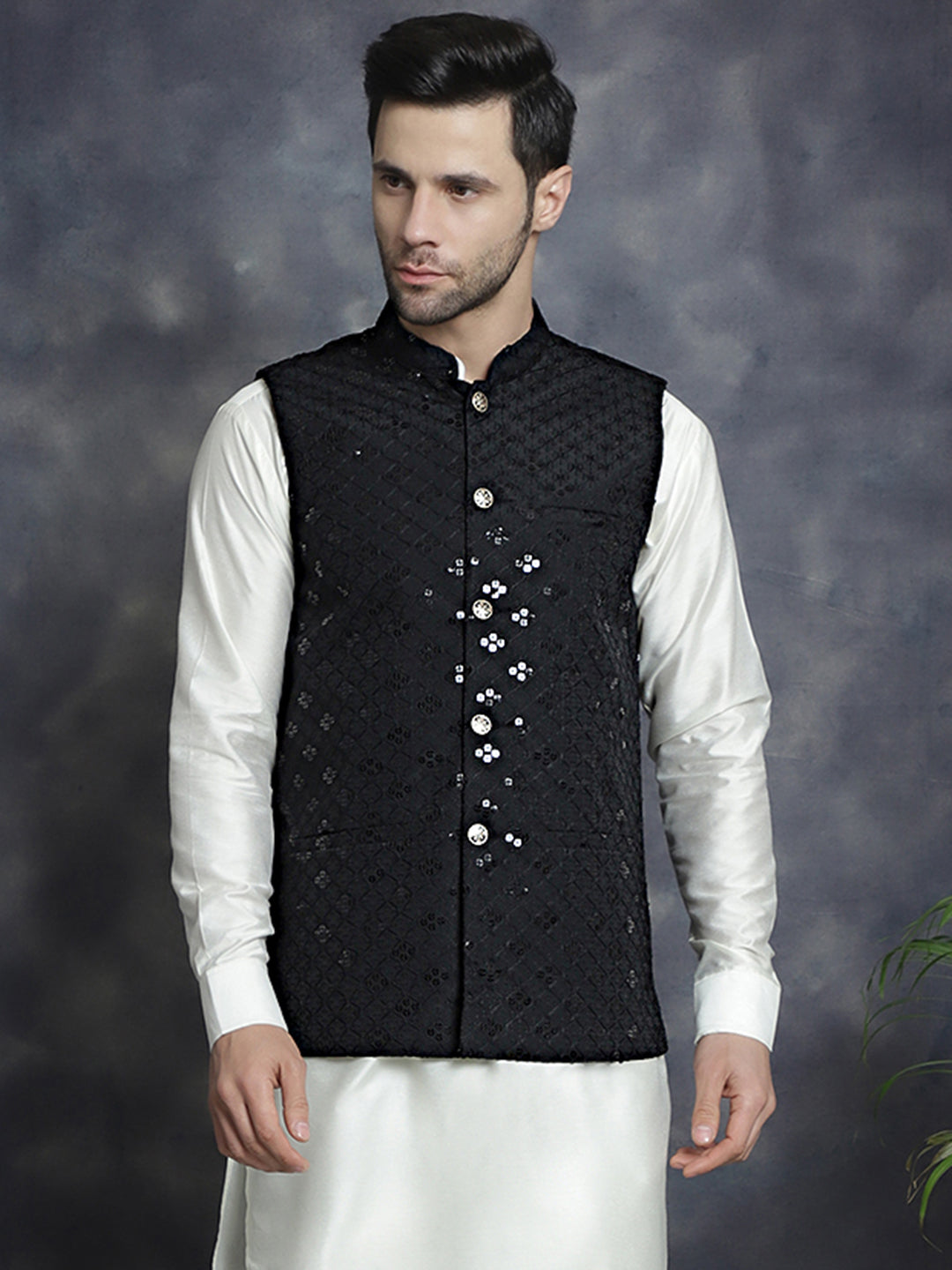 Jompers Men's embroidered and sequins Nehru Jacket - Black - Distacart