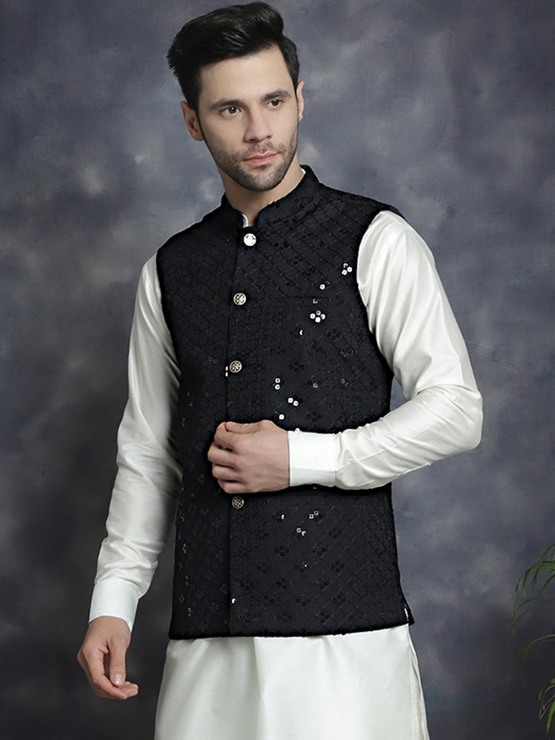 Jompers Men's embroidered and sequins Nehru Jacket - Black - Distacart