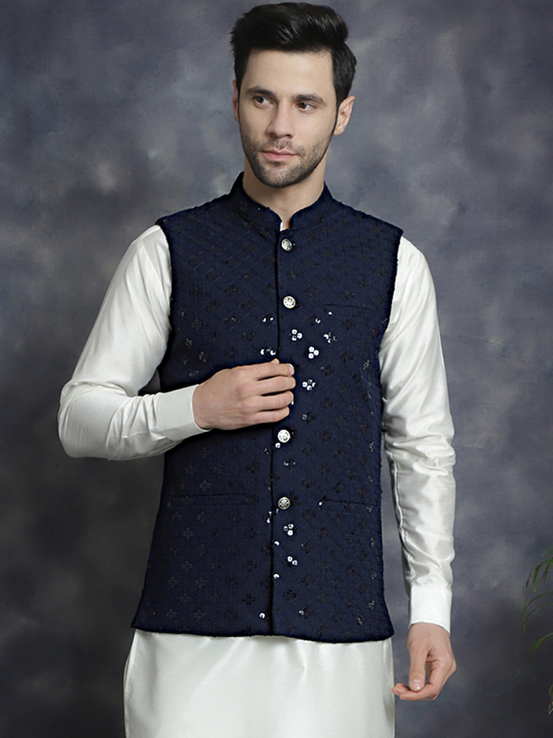 Jompers Men's embroidered and sequins Nehru Jacket - Navy Blue - Distacart