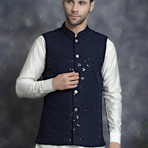 Jompers Men's embroidered and sequins Nehru Jacket - Navy Blue - Distacart