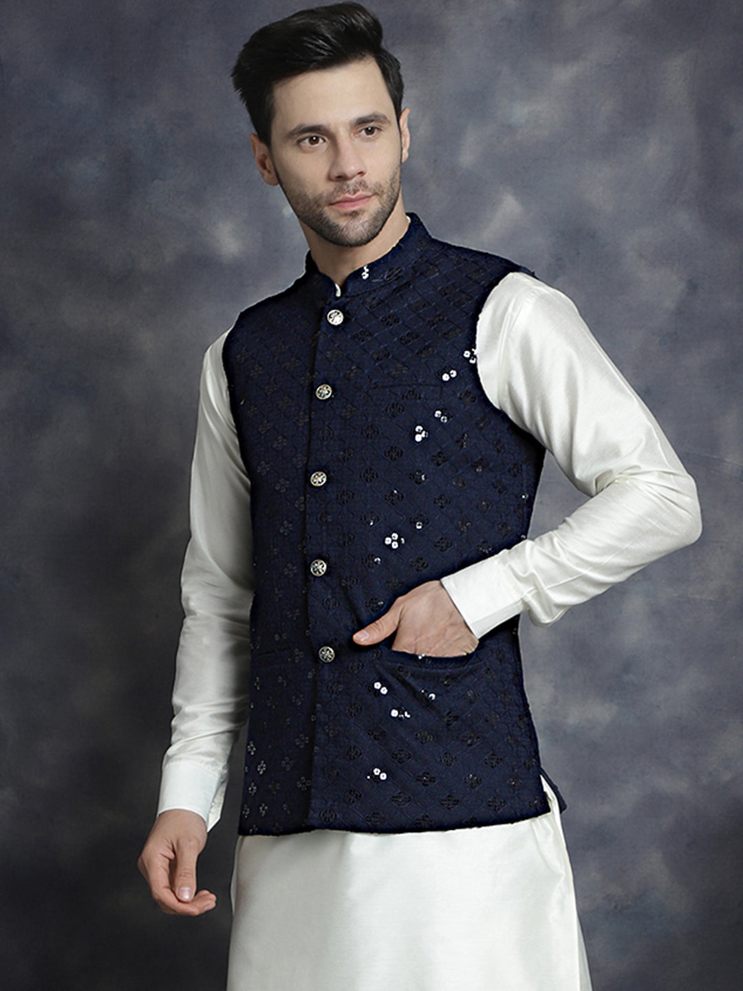 Jompers Men's embroidered and sequins Nehru Jacket - Navy Blue - Distacart