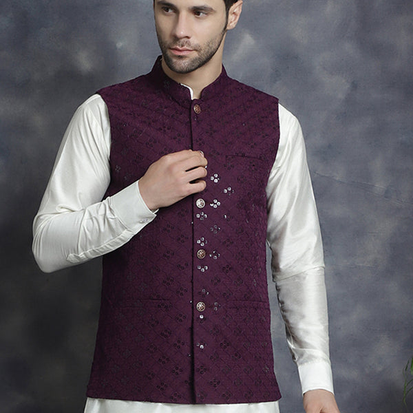 Jompers Men's embroidered and sequins Nehru Jacket - Purple - Distacart