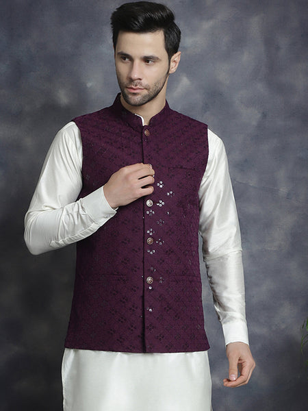 Jompers Men's embroidered and sequins Nehru Jacket - Purple - Distacart