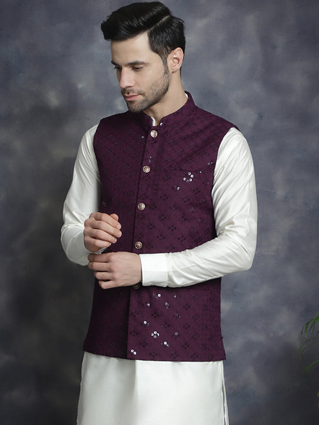 Jompers Men's embroidered and sequins Nehru Jacket - Purple - Distacart